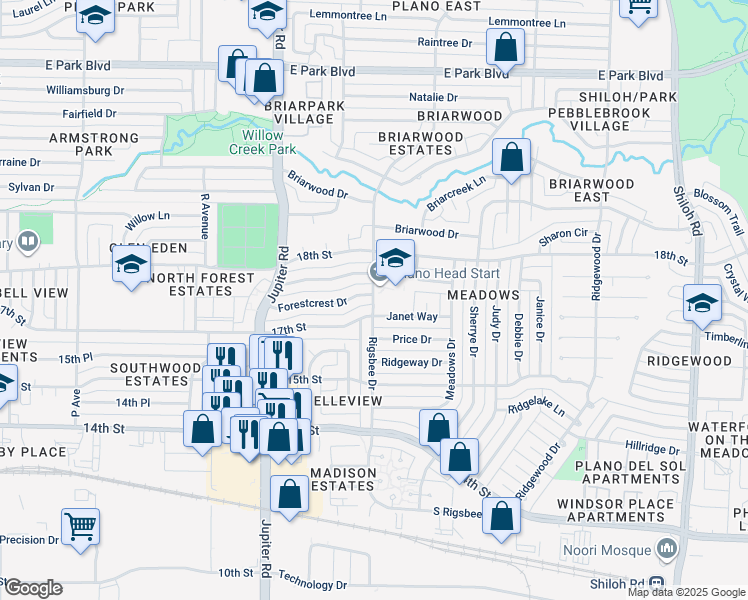 map of restaurants, bars, coffee shops, grocery stores, and more near 1672 Rigsbee Drive in Plano