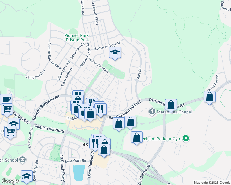 map of restaurants, bars, coffee shops, grocery stores, and more near 17017 New Rochelle Way in San Diego