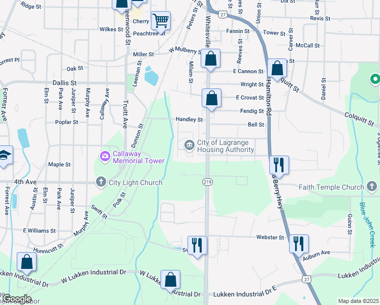 map of restaurants, bars, coffee shops, grocery stores, and more near 201 Chatham Street in LaGrange