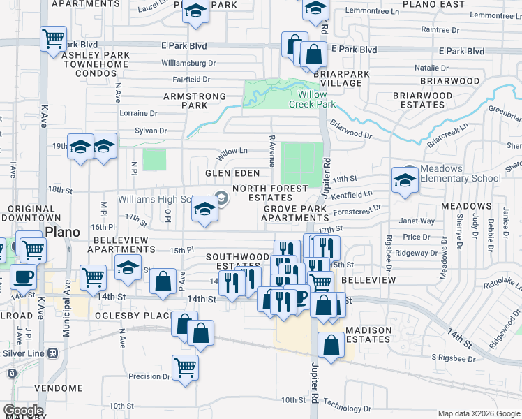 map of restaurants, bars, coffee shops, grocery stores, and more near 1715 R Avenue in Plano