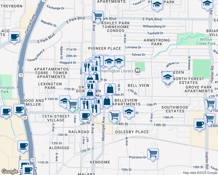 map of restaurants, bars, coffee shops, grocery stores, and more near 1609 L Avenue in Plano