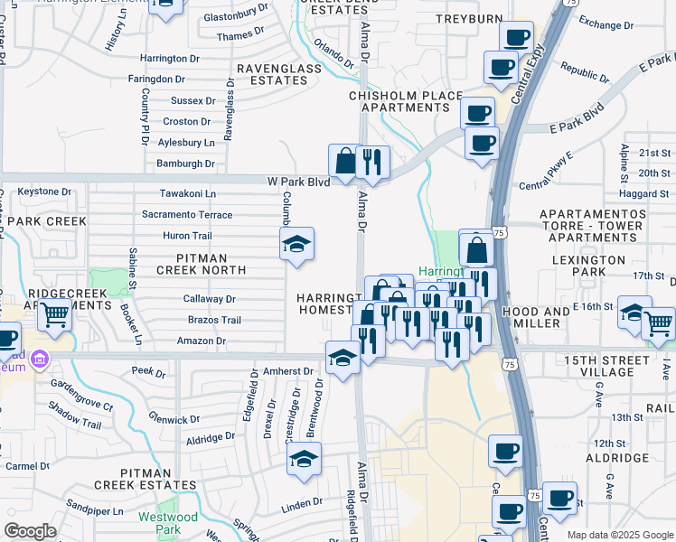 map of restaurants, bars, coffee shops, grocery stores, and more near 1701-1827 Alma Drive in Plano