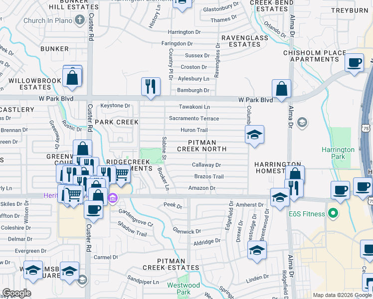 map of restaurants, bars, coffee shops, grocery stores, and more near 1712 Danube Lane in Plano