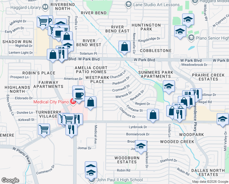 map of restaurants, bars, coffee shops, grocery stores, and more near 3537 Marwick Drive in Plano