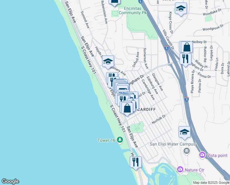 map of restaurants, bars, coffee shops, grocery stores, and more near 1967 San Elijo Avenue in Encinitas