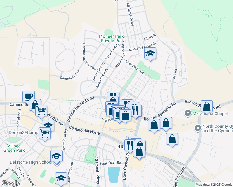map of restaurants, bars, coffee shops, grocery stores, and more near 16935 Laurel Hill Lane in San Diego
