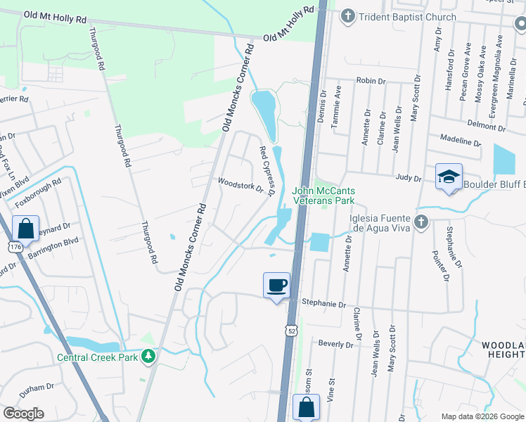 map of restaurants, bars, coffee shops, grocery stores, and more near 112 Red Cypress Drive in Goose Creek