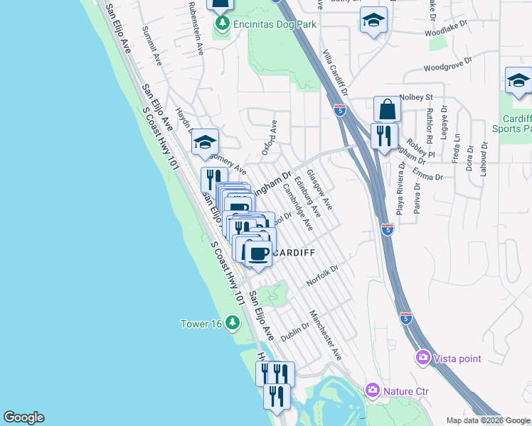 map of restaurants, bars, coffee shops, grocery stores, and more near 2058 Montgomery Avenue in Encinitas