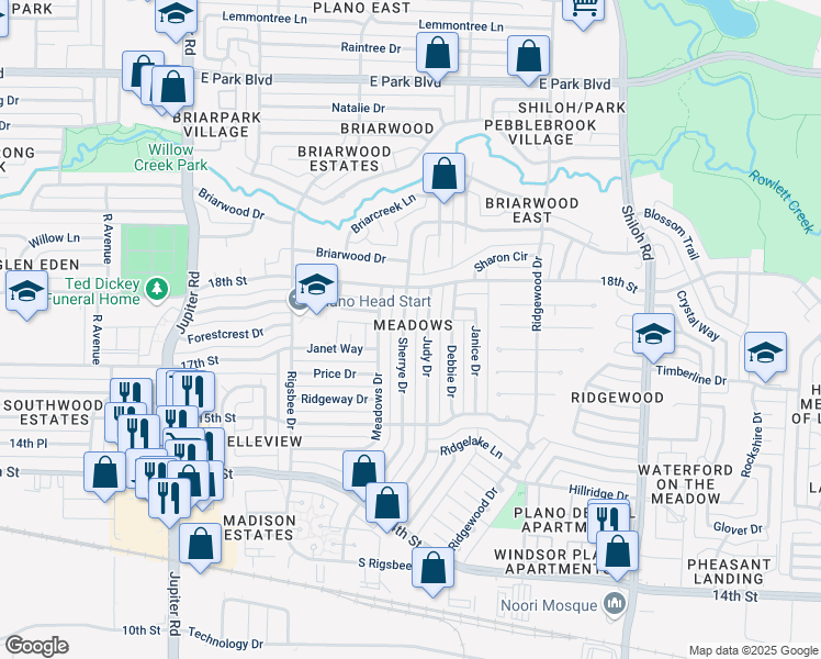 map of restaurants, bars, coffee shops, grocery stores, and more near in Plano