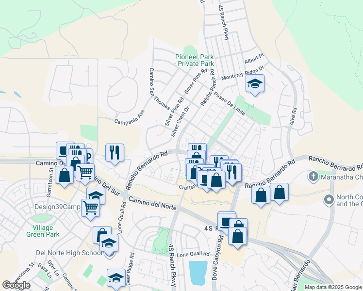 map of restaurants, bars, coffee shops, grocery stores, and more near 10366 Ralphs Ranch Road in San Diego