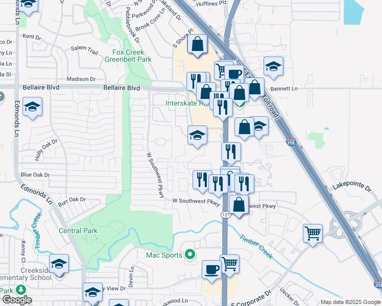 map of restaurants, bars, coffee shops, grocery stores, and more near 285 Country Ridge Road in Lewisville