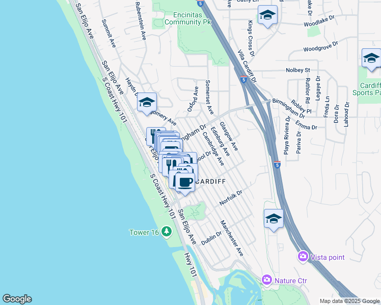 map of restaurants, bars, coffee shops, grocery stores, and more near 2058 Montgomery Avenue in Encinitas