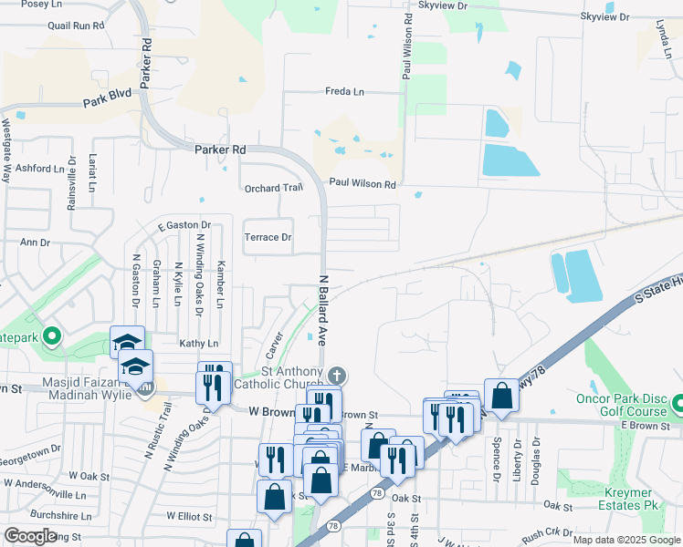map of restaurants, bars, coffee shops, grocery stores, and more near 522 North Ballard Avenue in Wylie