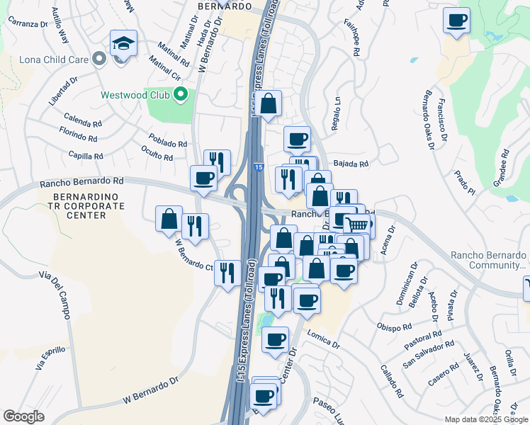 map of restaurants, bars, coffee shops, grocery stores, and more near 11755 Rancho Bernardo Road in San Diego