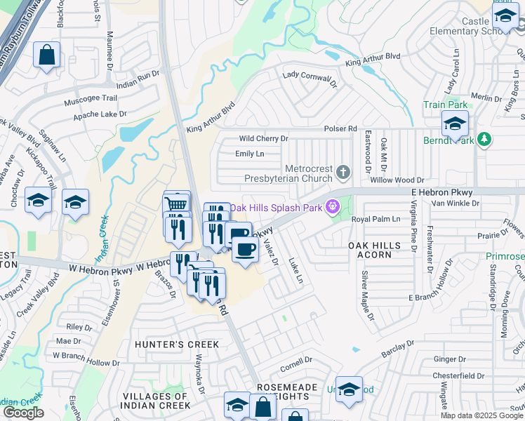 map of restaurants, bars, coffee shops, grocery stores, and more near 1109 East Hebron Parkway in Carrollton