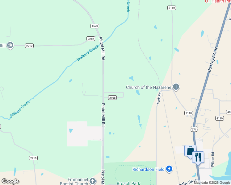 map of restaurants, bars, coffee shops, grocery stores, and more near County Road 2108 in Pittsburg