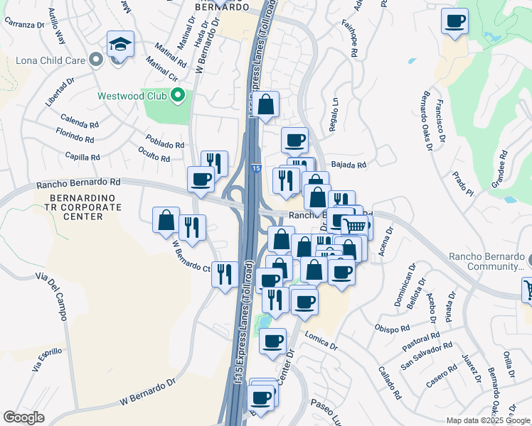 map of restaurants, bars, coffee shops, grocery stores, and more near 11755-11795 Rancho Bernardo Rd in San Diego