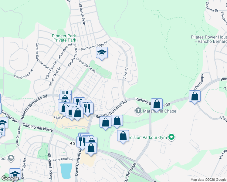 map of restaurants, bars, coffee shops, grocery stores, and more near 17152 Russet Street in San Diego