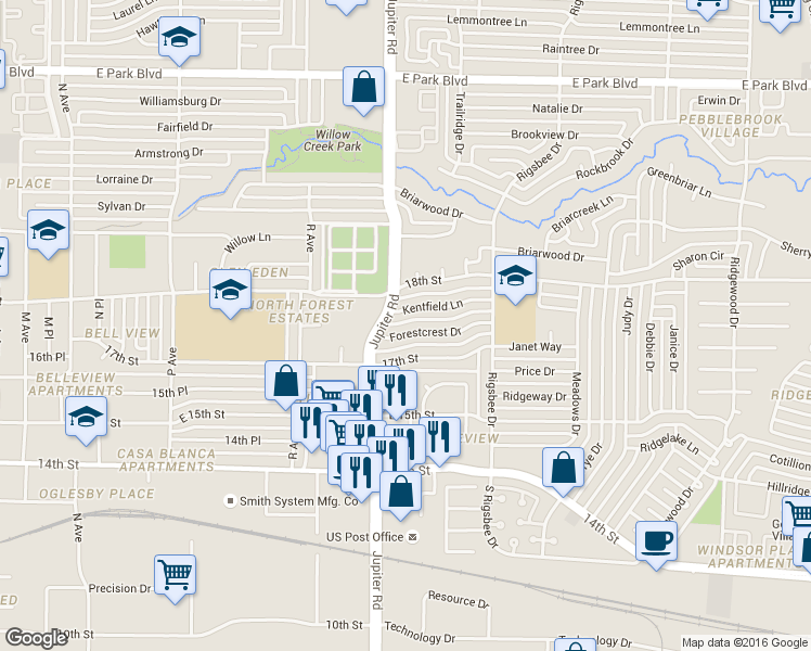 map of restaurants, bars, coffee shops, grocery stores, and more near 2300 Forestcrest Drive in Plano