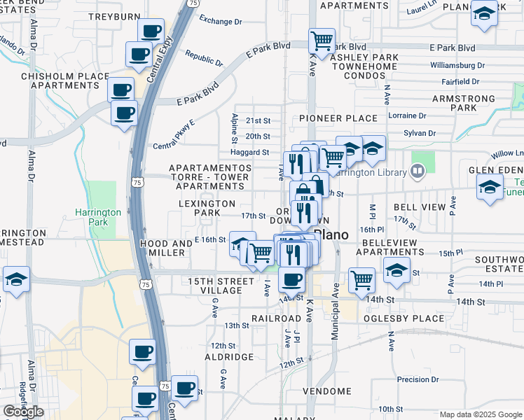 map of restaurants, bars, coffee shops, grocery stores, and more near 908 17th Street in Plano