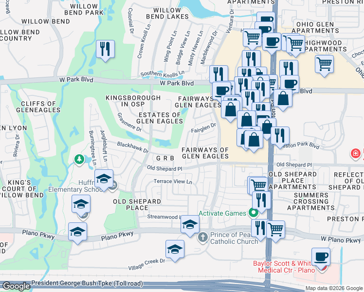 map of restaurants, bars, coffee shops, grocery stores, and more near 1620 Old Course Drive in Plano