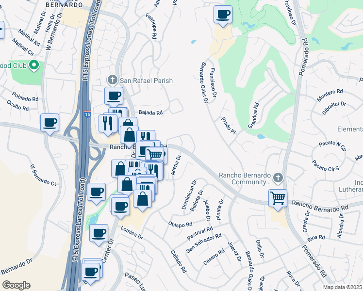 map of restaurants, bars, coffee shops, grocery stores, and more near 12595 Ruette Campana in San Diego