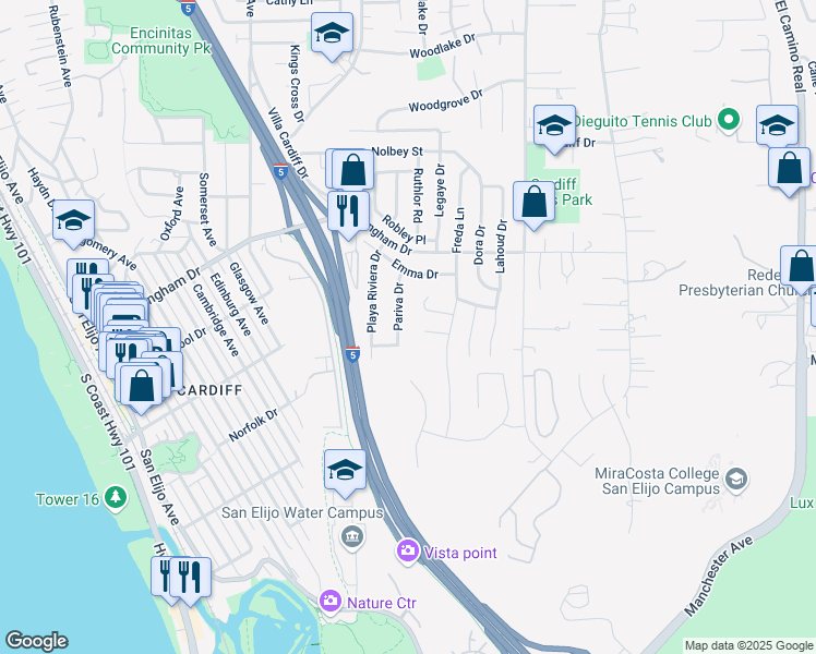 map of restaurants, bars, coffee shops, grocery stores, and more near 1917 Las Brisas Way in Cardiff By The Sea