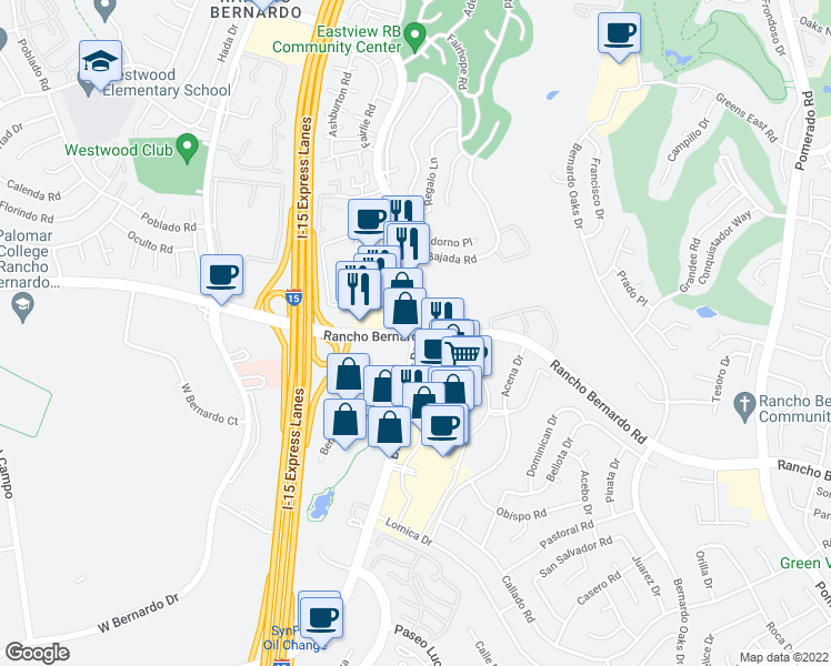 map of restaurants, bars, coffee shops, grocery stores, and more near Rancho Bernardo Road & Bernardo Center Drive in San Diego