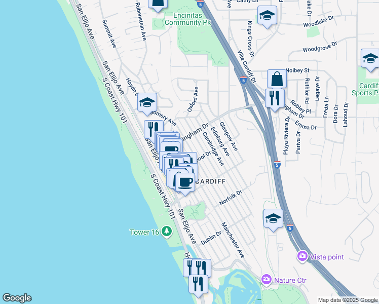 map of restaurants, bars, coffee shops, grocery stores, and more near 2052 Montgomery Avenue in Encinitas