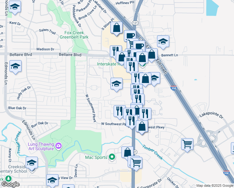 map of restaurants, bars, coffee shops, grocery stores, and more near 285 Country Ridge Road in Lewisville