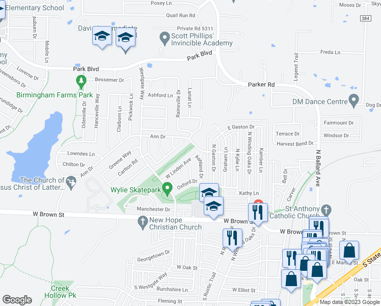 map of restaurants, bars, coffee shops, grocery stores, and more near 415 Ashland Drive in Wylie
