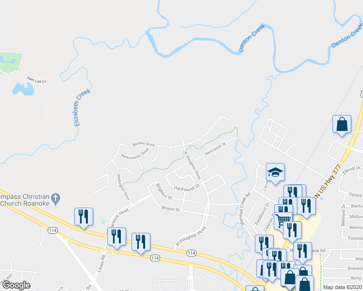 map of restaurants, bars, coffee shops, grocery stores, and more near 1220 Bentley Drive in Roanoke