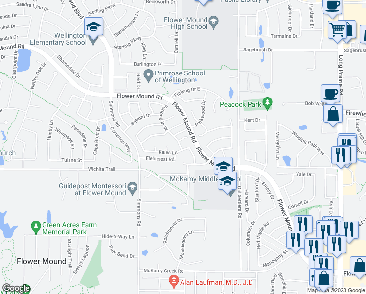 map of restaurants, bars, coffee shops, grocery stores, and more near 3520 Kales Lane in Flower Mound