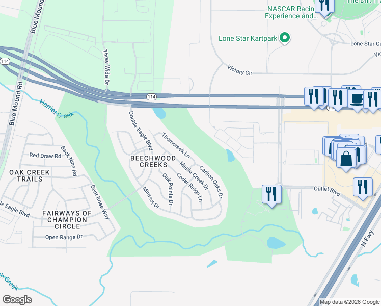 map of restaurants, bars, coffee shops, grocery stores, and more near 2837 Maple Creek Drive in Fort Worth