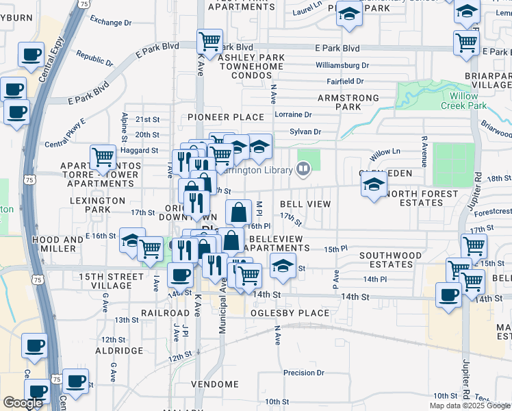 map of restaurants, bars, coffee shops, grocery stores, and more near 1705 M Place in Plano