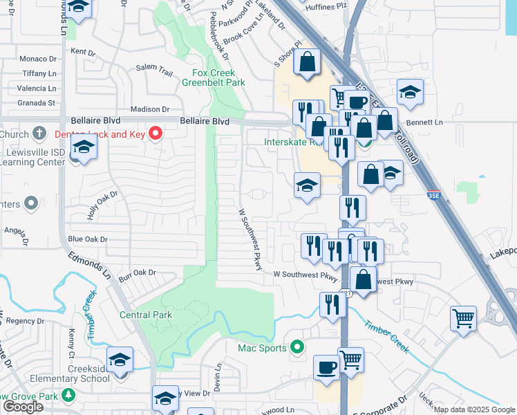 map of restaurants, bars, coffee shops, grocery stores, and more near 201 West Southwest Parkway in Lewisville