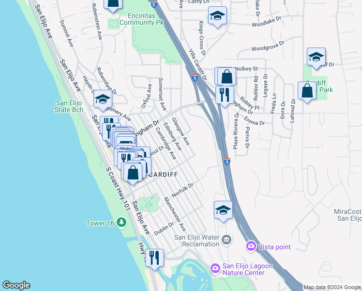map of restaurants, bars, coffee shops, grocery stores, and more near 2142 Edinburg Avenue in Encinitas