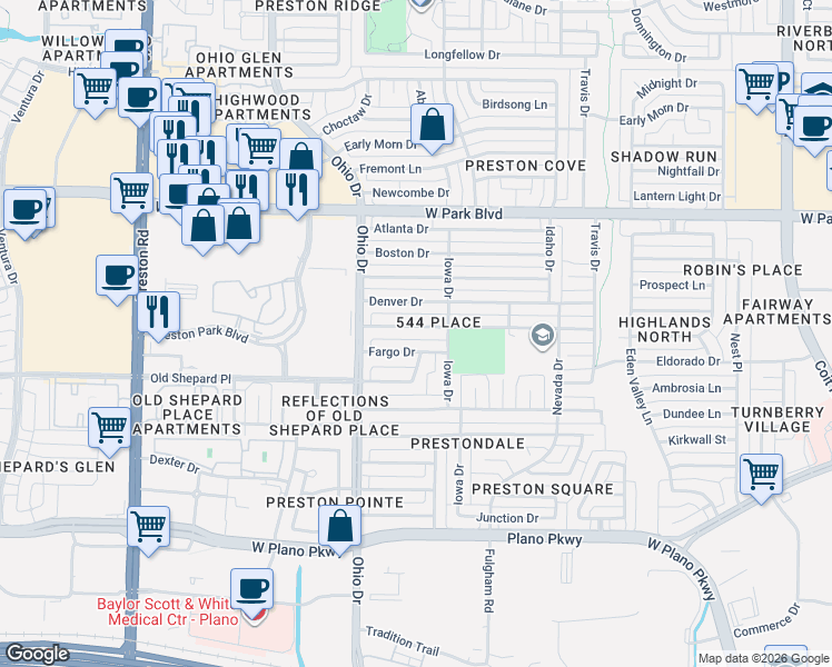 map of restaurants, bars, coffee shops, grocery stores, and more near 4521 Fargo Drive in Plano