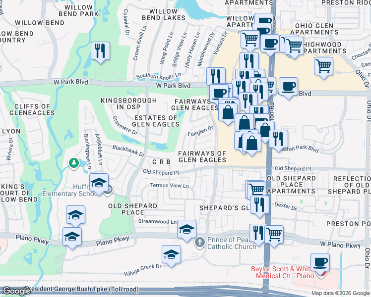 map of restaurants, bars, coffee shops, grocery stores, and more near 1620 Old Course Drive in Plano