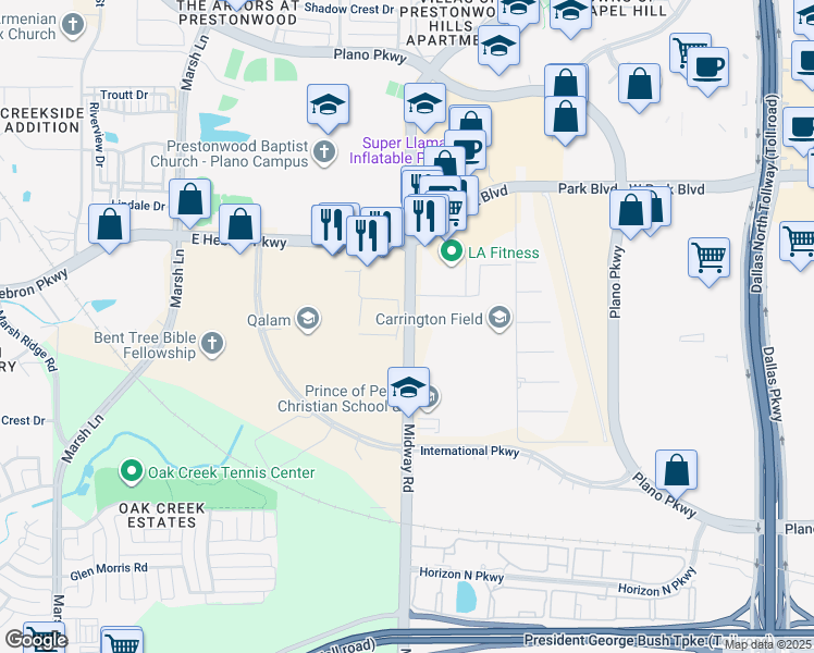 map of restaurants, bars, coffee shops, grocery stores, and more near in Carrollton