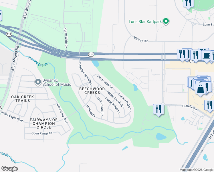 map of restaurants, bars, coffee shops, grocery stores, and more near 2837 Maple Creek Drive in Fort Worth