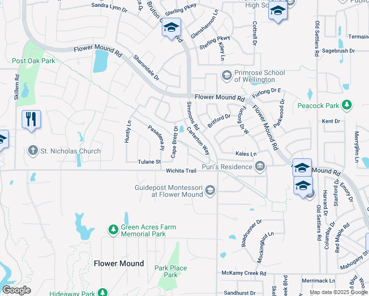 map of restaurants, bars, coffee shops, grocery stores, and more near 3824 Richland Road in Flower Mound