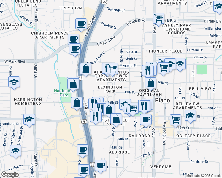 map of restaurants, bars, coffee shops, grocery stores, and more near in Plano