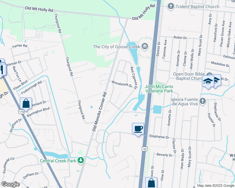 map of restaurants, bars, coffee shops, grocery stores, and more near 111 Retriever Lane in Goose Creek