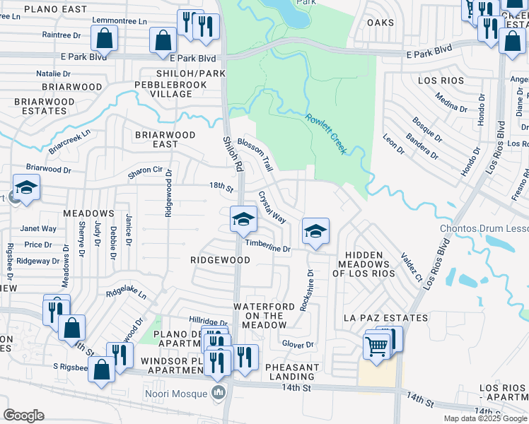 map of restaurants, bars, coffee shops, grocery stores, and more near 3613 Hendrick Drive in Plano