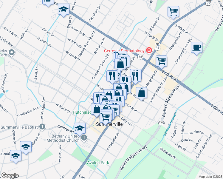 map of restaurants, bars, coffee shops, grocery stores, and more near 137 East 1st North Street in Summerville