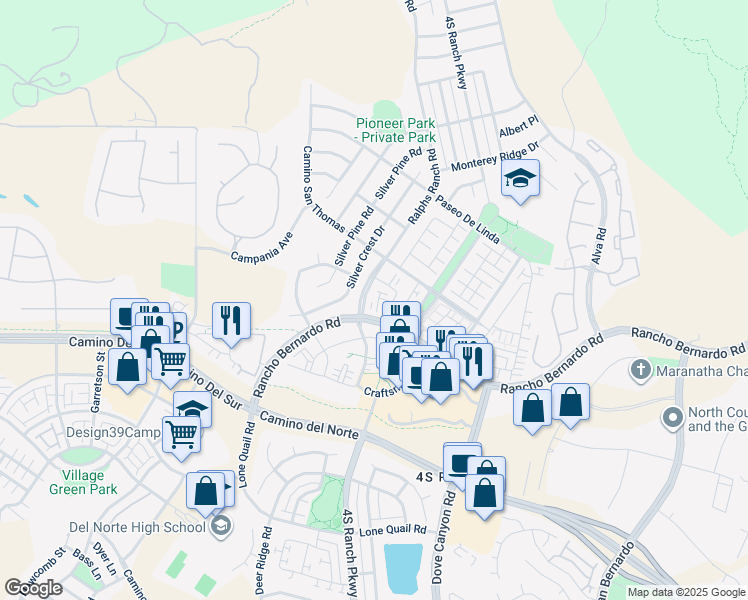 map of restaurants, bars, coffee shops, grocery stores, and more near 16915 Hutchins Landing in San Diego