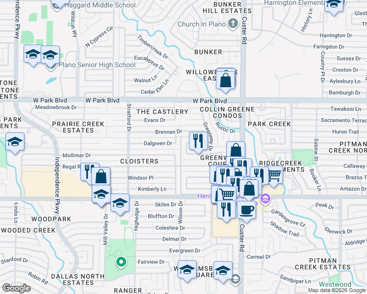 map of restaurants, bars, coffee shops, grocery stores, and more near 1708 Mollimar Drive in Plano