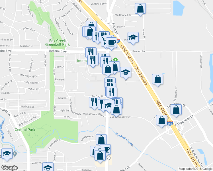 map of restaurants, bars, coffee shops, grocery stores, and more near 1593 Highway 121 Business in Lewisville