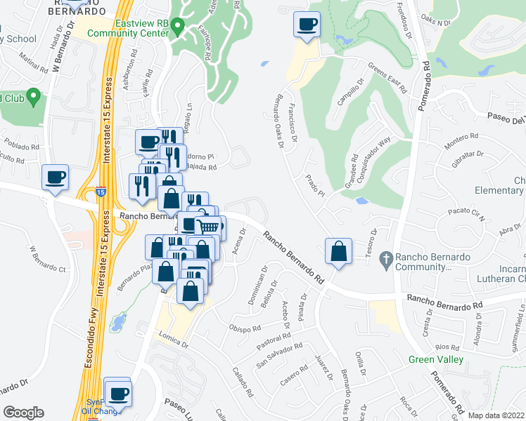 map of restaurants, bars, coffee shops, grocery stores, and more near 12091 Caminito Campana in San Diego